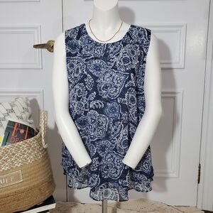 CHRISTINA B Malibu- Paisley Blue and White Tunic Layered Semi Sheer top- Large